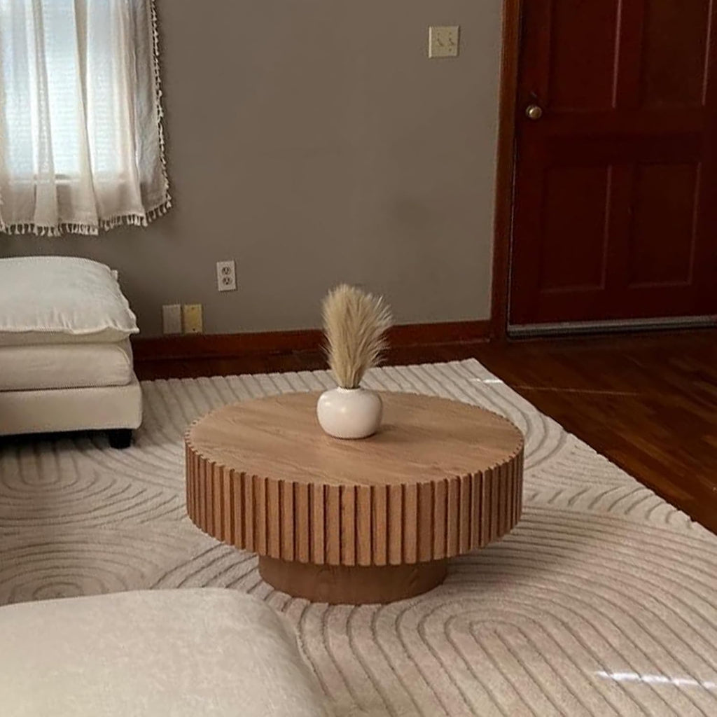Round Coffee Table Wood Circle Coffee Table for Living Room Contemporary Fluted Table for Apartment, Easy Assembly ø35.43'', Oak