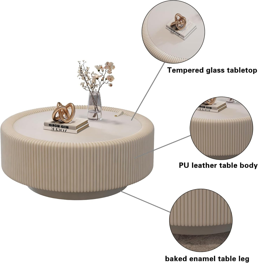 31.5' White Round Coffee Table with Storage, Tempered Glass Top PU Leather Body & Baked Enamel Base, Modern Minimalist Fluted Circle Center Tables for or Living Room, Bedroom, Apartment