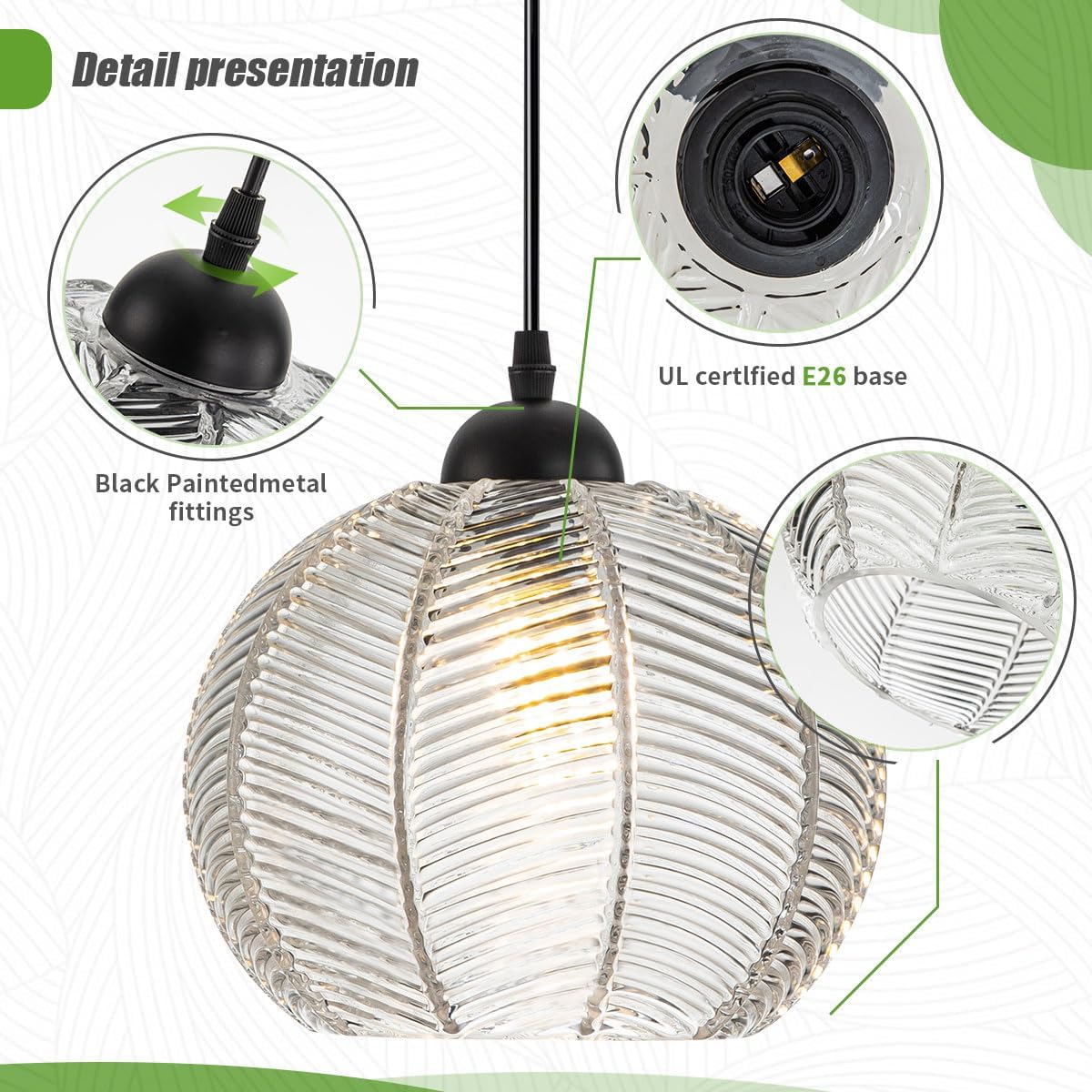 Globe Glass Pendant Light Ribbed Glass Mid Century Hanging Light for Kitchen Island Pumpkin Globe Design Adjustable Height Modern Pendant Lamp for Dining Room Bedroom Clear