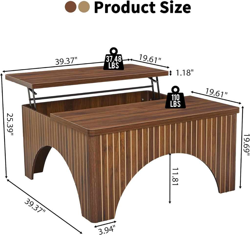Square Coffee Table, 39'' Large Lift Top Coffee Table with Flip-Top Hidden Compartment Farmhouse Fluted Center Table Wooden Tea Table for Living Room, Apartment, Office (Walnut)