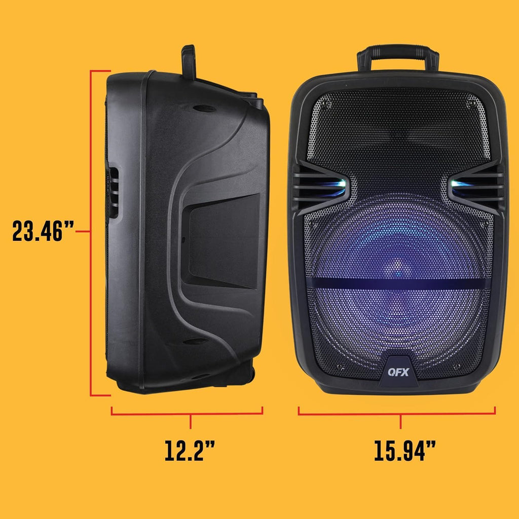 QFX PBX-616SM 15' Bluetooth Rechargeable Speaker with LED Lights, Mic and Stand, Black