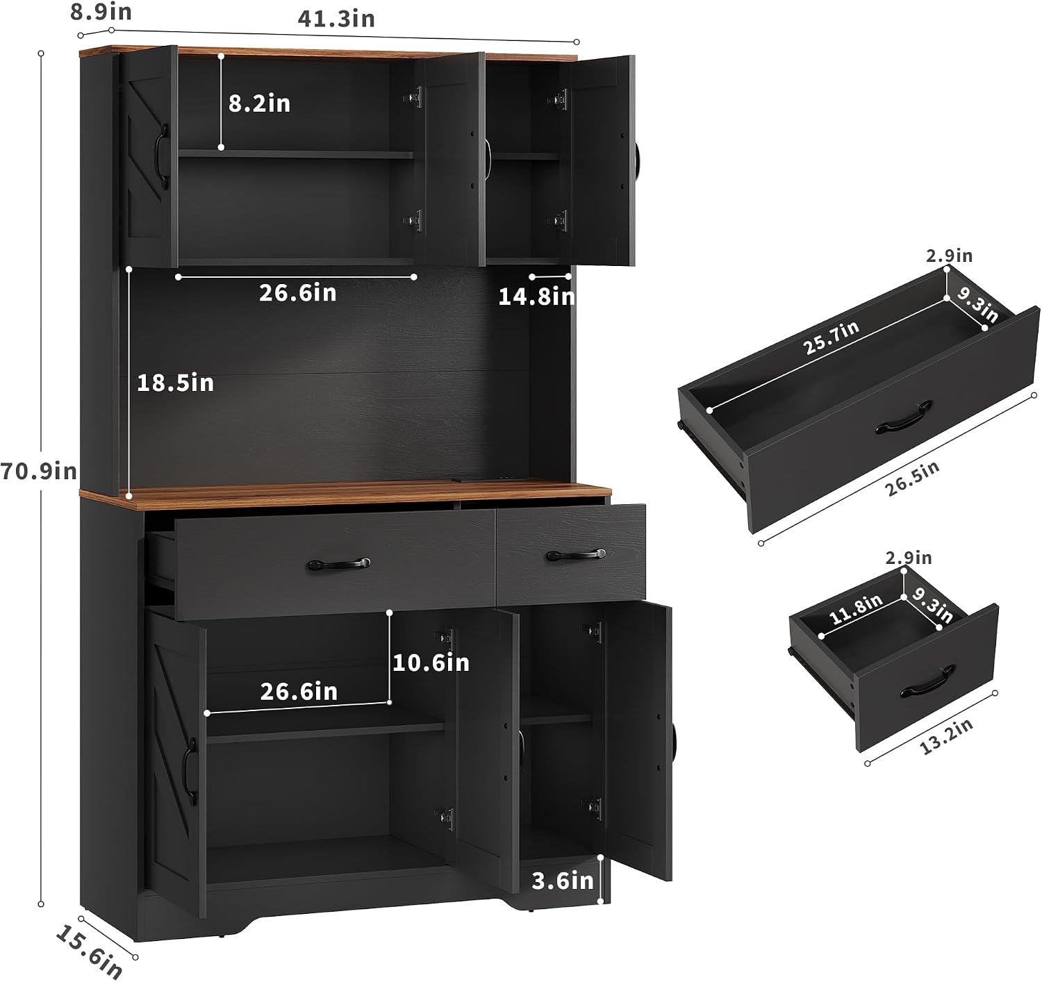 71' Pantry Cabinet with Charging Station, Kitchen Hutch Storage Cabinet with Countertop & Drawer, Farmhouse Food Pantry with Microwave Stand & Adjustable Shelves for Living Room, Dining Room, Black