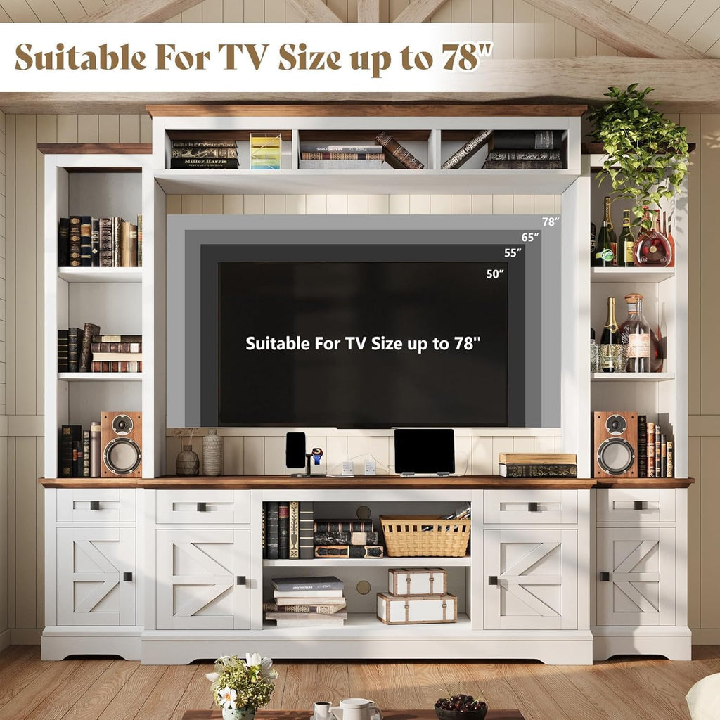 AMERLIFE 4 Pieces Living Room Table Sets, 98' Farmhouse Wall Unit TV Stand with Bookshelves & Wine Cabinet, Coffee Table & 2 End Tables with Charging Station and USB Ports, Living Room, Barnwood+White
