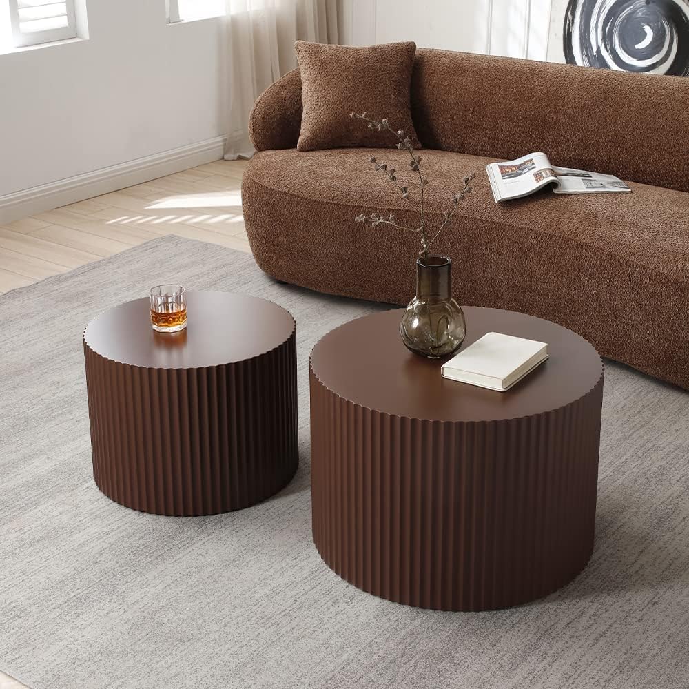 WILLIAMSPACE Nesting Coffee Table Set of 2, Matte Brown Round Wooden Coffee Tables, Modern Luxury Side Tables Accent End Table for Living Room Apartment, 23.62'*23.62'*15.75'H (Brown-Round)