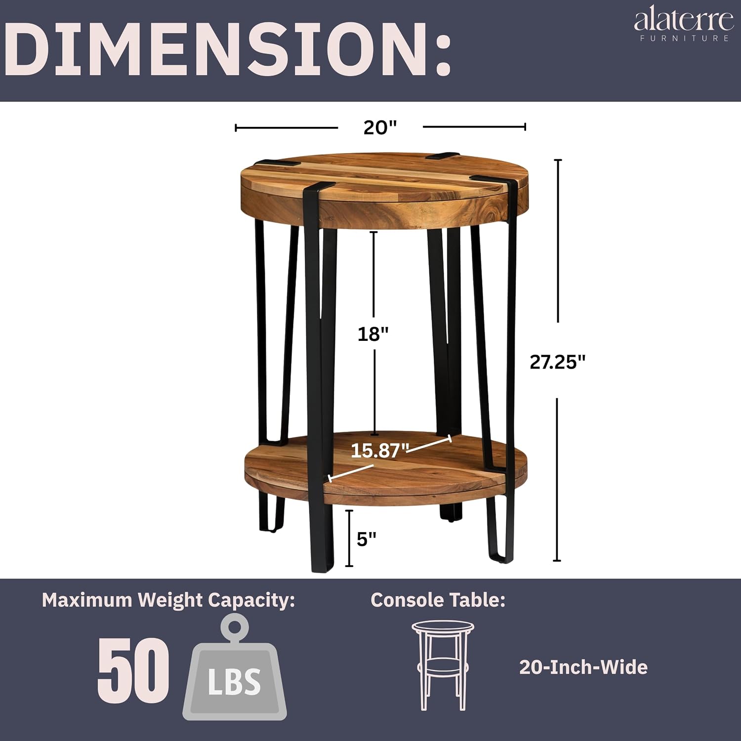 Ryegate 2-Tier Round Acacia Wood & Metal End Table with Bottom Shelf – Rustic Modern Accent Table with Live Edge, Natural Finish and Metal Straps for Living Room or Bedroom by Alaterre Furniture