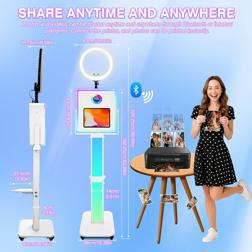 RDYMONKEY Photo Booth for All iPad and for Camera Dualuse Customized Logo Selfie Station Shell Stand APP Control RGB Ring Light Music Sync Light Box Photobooth Machine with Honeycomb Box for Rental
