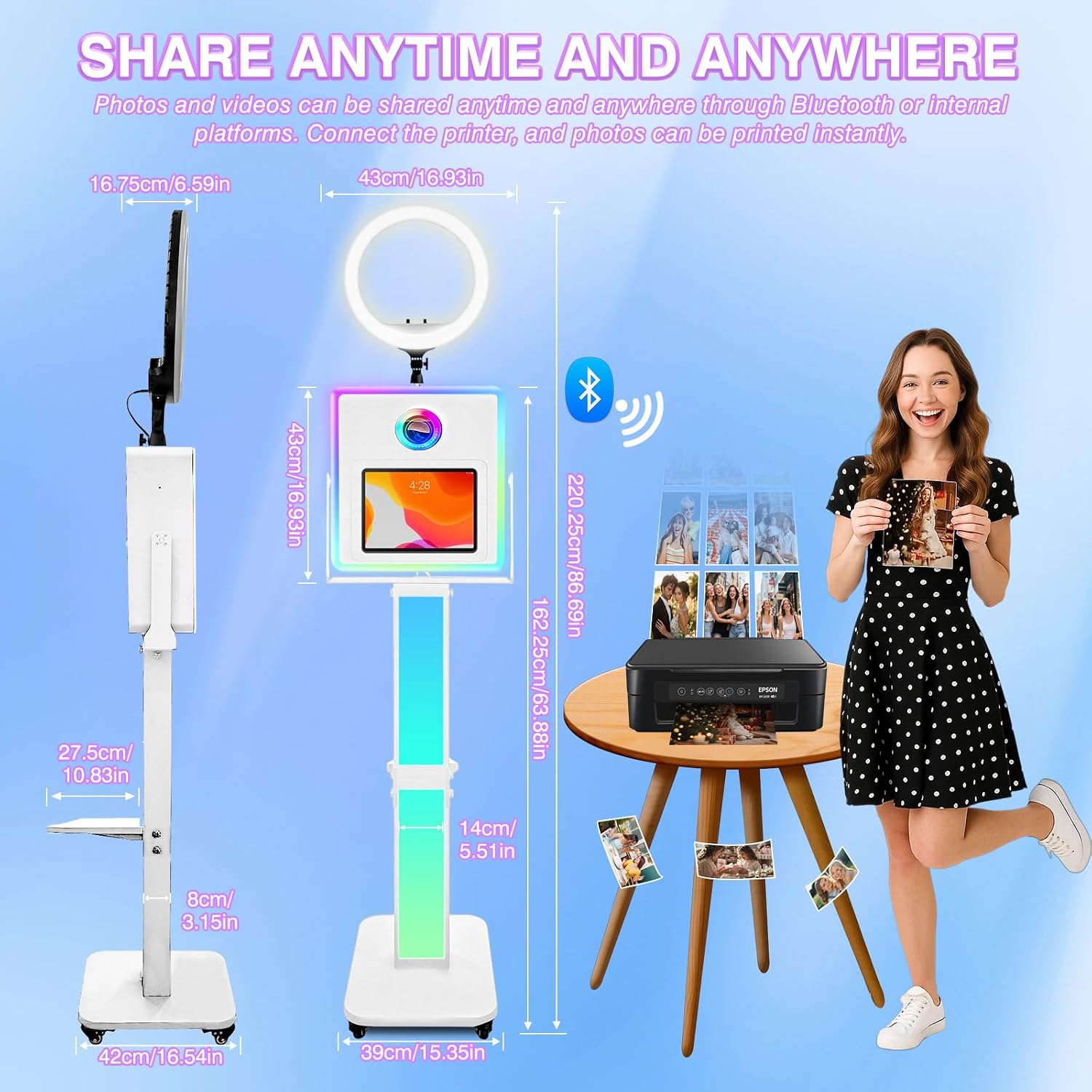RDYMONKEY Photo Booth for All iPad and for Camera Dualuse Customized Logo Selfie Station Shell Stand APP Control RGB Ring Light Music Sync Light Box Photobooth Machine with Honeycomb Box for Rental