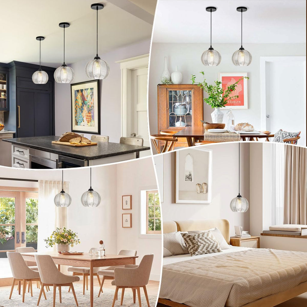 Mid Century Pendant Light Black Glass Pendant Lighting Kitchen Island 3 Light with Clear Ribbed Glass Shade Modern Chandelier Globe Hanging Light for Dining Room Sink Farmhouse