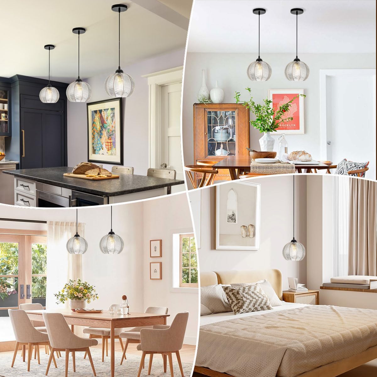 Mid Century Pendant Light Black Glass Pendant Lighting Kitchen Island 3 Light with Clear Ribbed Glass Shade Modern Chandelier Globe Hanging Light for Dining Room Sink Farmhouse