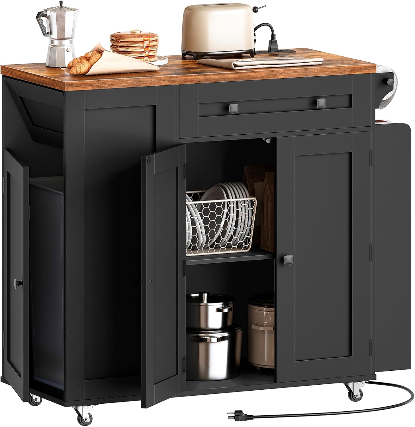 YATINEY Kitchen Island with Storage, Mobile Rolling Cart with Trash Can Storage, Kitchen Island on Wheels, Rolling Island Table with Charging Station, Spice Rack, for Kitchen, Rustic Brown ZD02UBR
