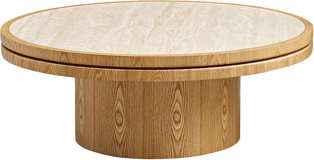 35.43' Farmhouse Round Coffee Table with Sintered Stone Tabletop, Sturdy Wood MDF Pedestal Coffee Tables for Living Room, Modern Circle Center Tea Table for Apartment, Office Bedroom Natural