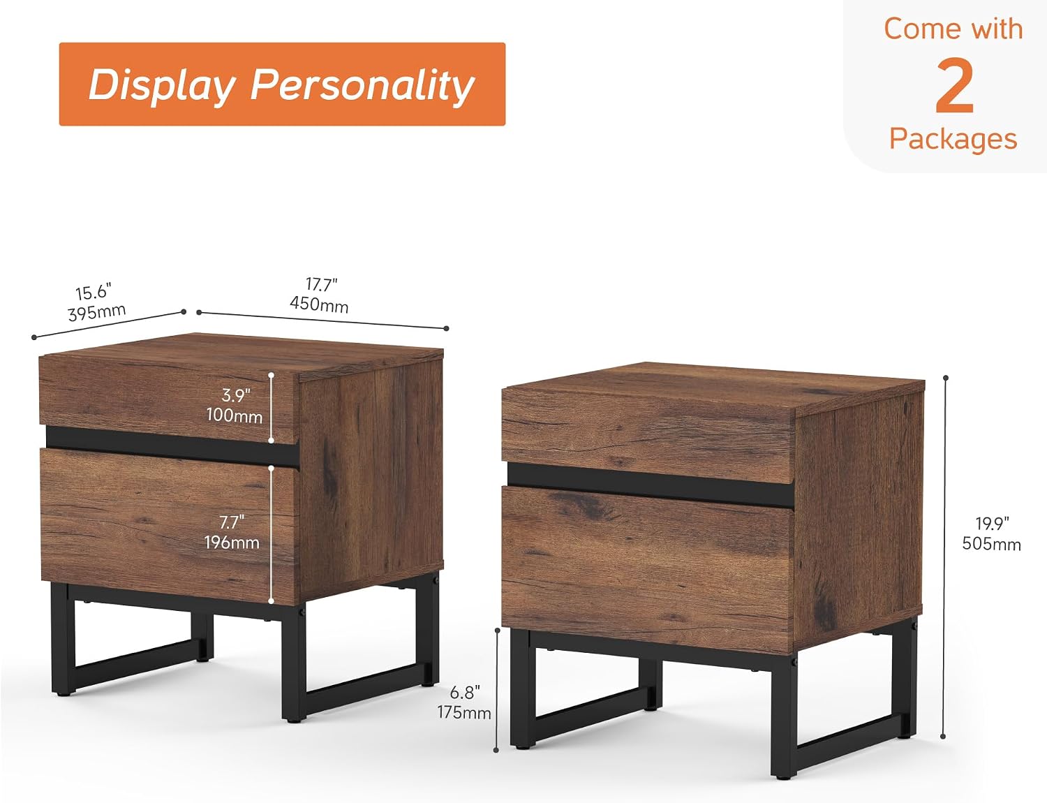WAMPAT 2 Pack Modern End Table with 2 Drawers, Farmhouse Sofa Table with Black Square Iron Leg, Wood Rustic Side Table for Living Room, Nightstand for Bedroom, Brown, 17.7''L x 15.5''W x 19.8''H