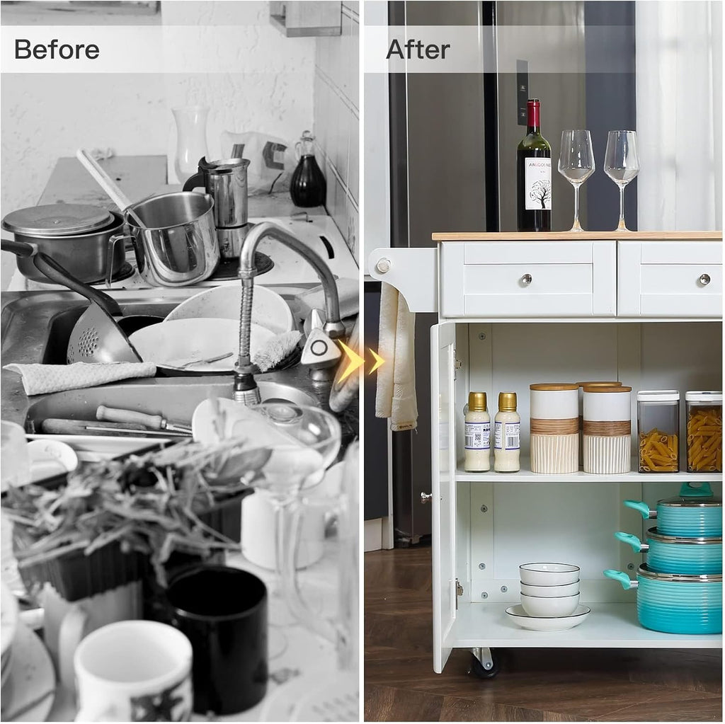 HOMREST 52' Mobil Kitchen Island Cart with Storage, Rolling Island with Drop Leaf and Rubberwood Countertop, Spice Rack, Adjustable Shelves and 5 Drawers, Island Table for Kitchen, White