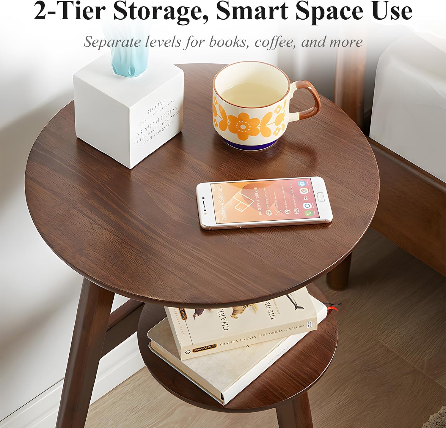 Side Table, 2-Tier Round End Tables Living Room, Mid Century Modern Side Table, Round Nightstand, Oak Accent Table, Small Round Coffee Table, 16.54' Dia.x 23.62' H(Walnut)