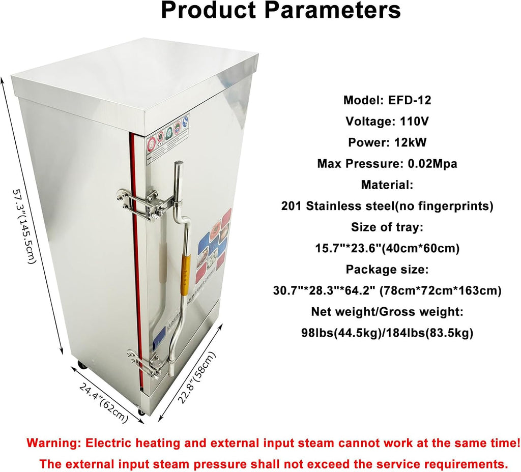 Commercial Electric Food Steamer Multi-function Stainless Steel Steam Warmer Cabinet with 12 Trays 110V 12KW 0.02Mpa Max Pressure