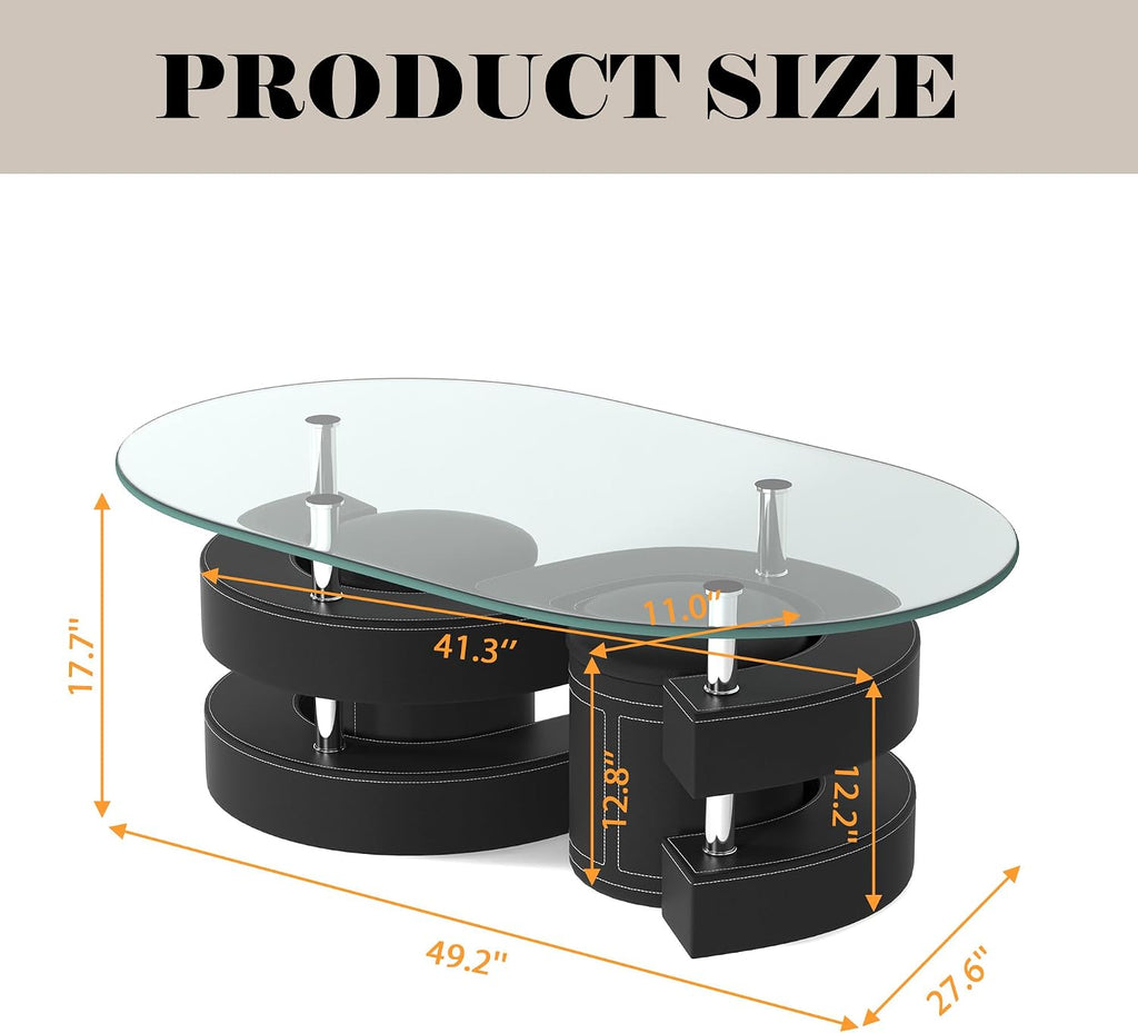 Oval Glass Coffee Table Set of 3, 0.39' Tempered Glass Top and S Shape Base, Modern Coffee Table with 2 Leather Stools, Accent Coffee Table for Living Room Bedroom, Black
