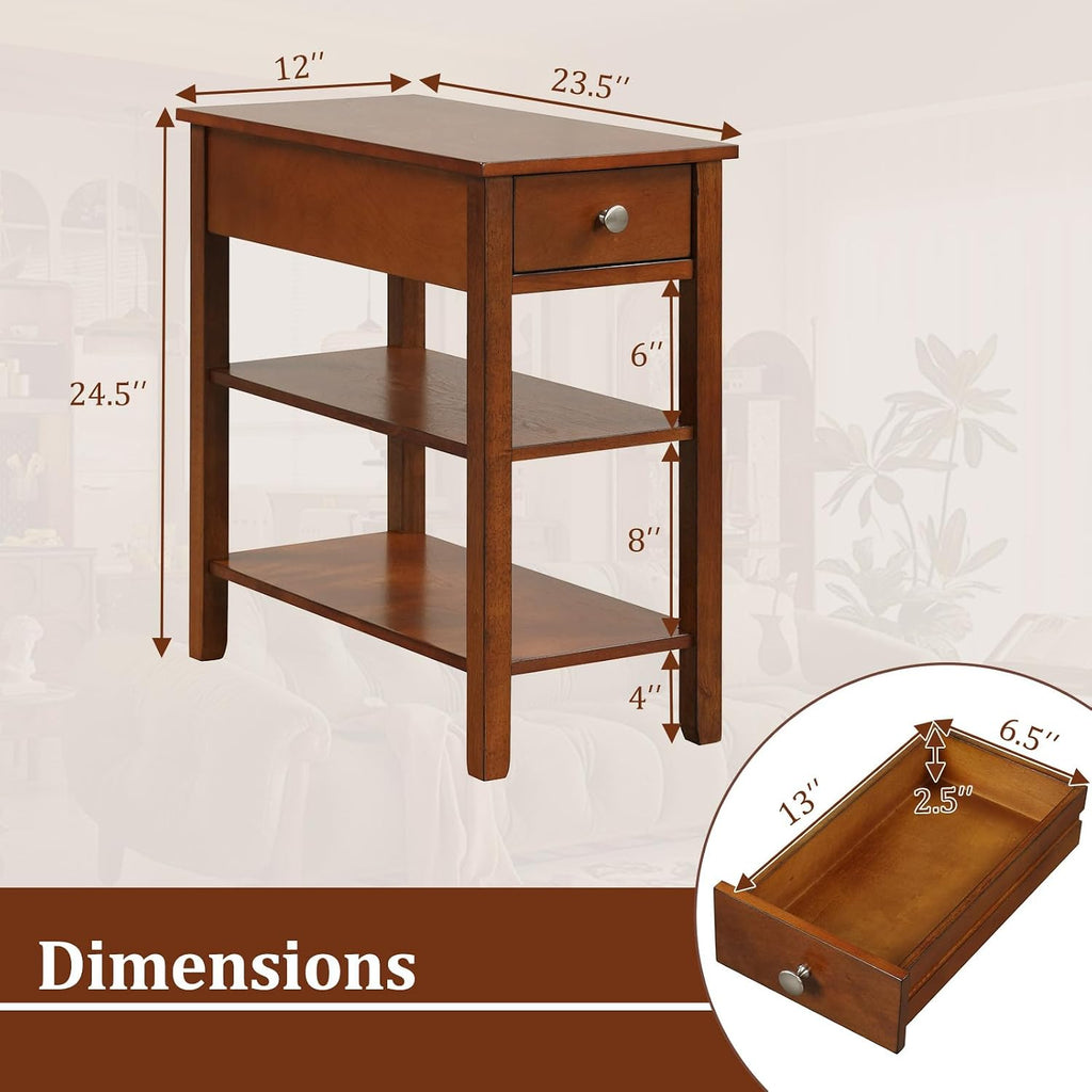 Tangkula Narrow End Table Set of 2, 24.5'H Farmhouse Couch Bedside Table with Drawer, Storage Shelves, Rubber Wood Legs, 3-Tier Nightstand, Slim Side Table for Small Spaces, Living Room Bedroom, Brown