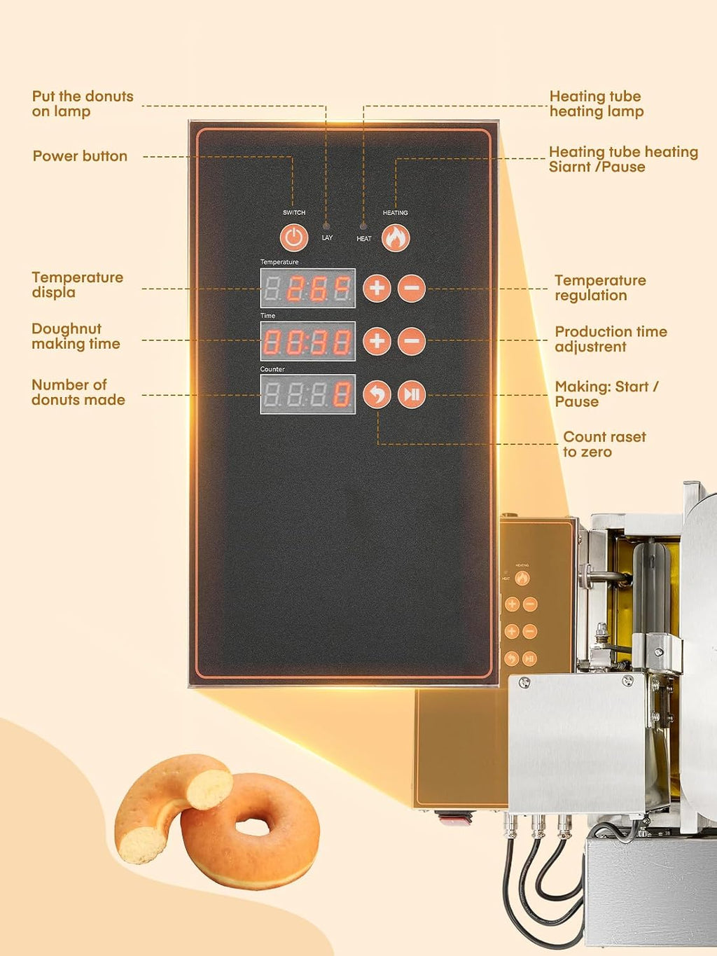 FOHERE Commercial Automatic Donut Maker Machine, 1750W 4-Row Mini Donut Fryer, 3L Hopper with Intelligent Control, 250PCS/H High Capacity, Stainless Steel for Bakeries, Cafes & Dessert Shops (Silver)
