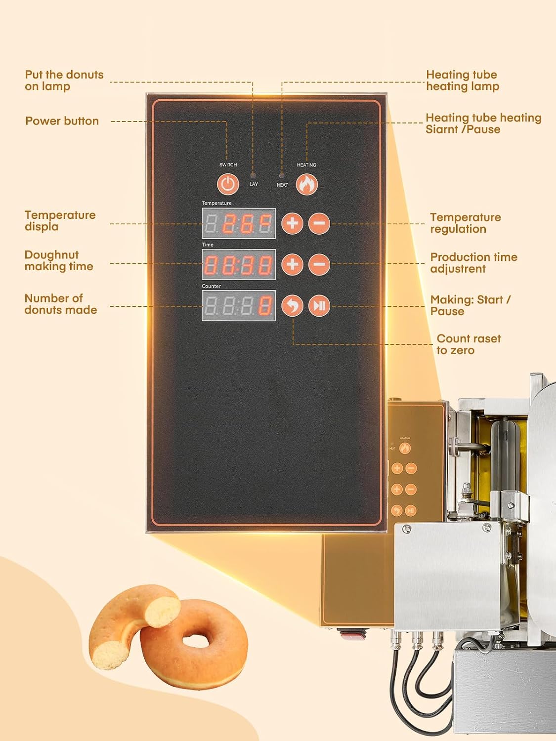 FOHERE Commercial Automatic Donut Maker Machine, 1750W 4-Row Mini Donut Fryer, 3L Hopper with Intelligent Control, 250PCS/H High Capacity, Stainless Steel for Bakeries, Cafes & Dessert Shops (Silver)