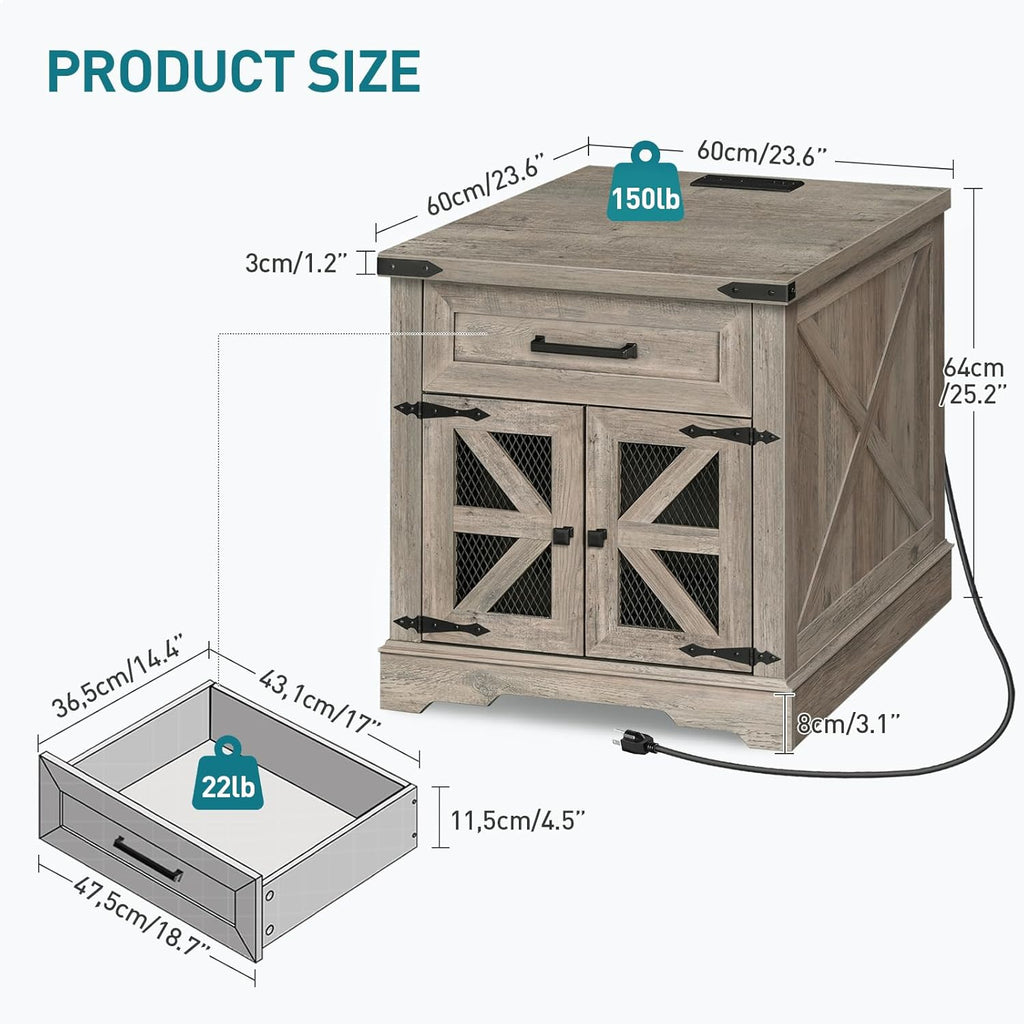 RALGEND Farmhouse End Table with Charging Station, 24' Large Sofa Side Table with Drawer, Large End Table for Living Room, Wooden Nightstand with Outlet, Square, Greige