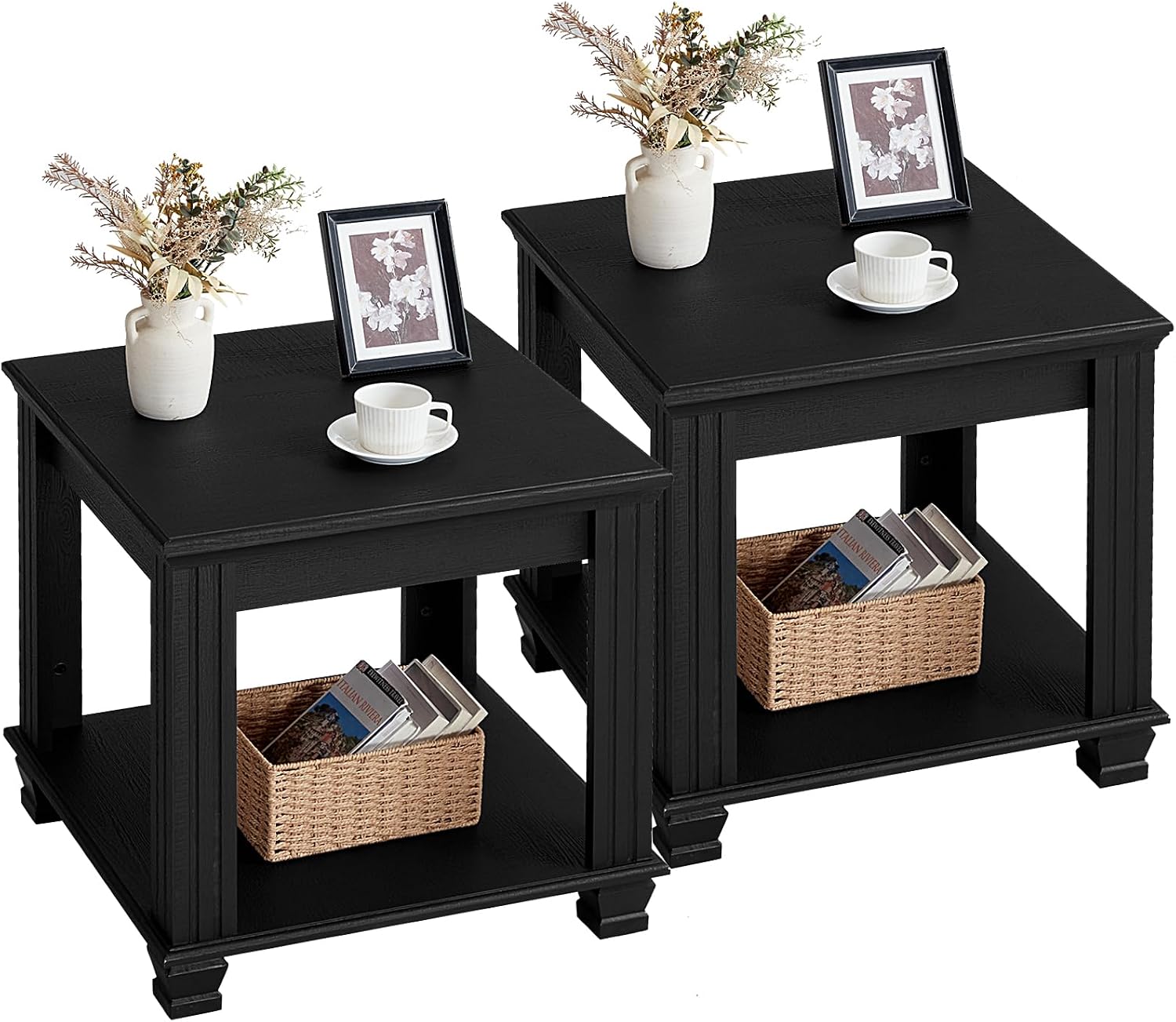 SAVOR LIFE Farmhouse End Table Set of 2,Large Side Table with 2-Tier Storage Shelf,Rustic Wood End Tables for Living Room,Square Tea Table, Black