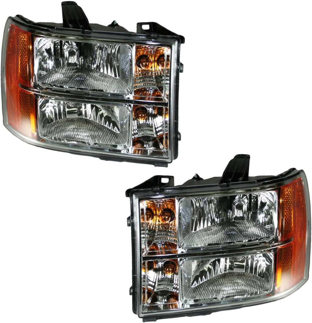 TRQ 2 Piece Headlight Assembly Set Chrome Bezel Driver & Passenger Side Compatible with GMC Sierra 1500 2007-2013 Sierra 2500 HD 2007-2014 Sierra 3500 HD 2007-2014 GM2502283 GM2503283