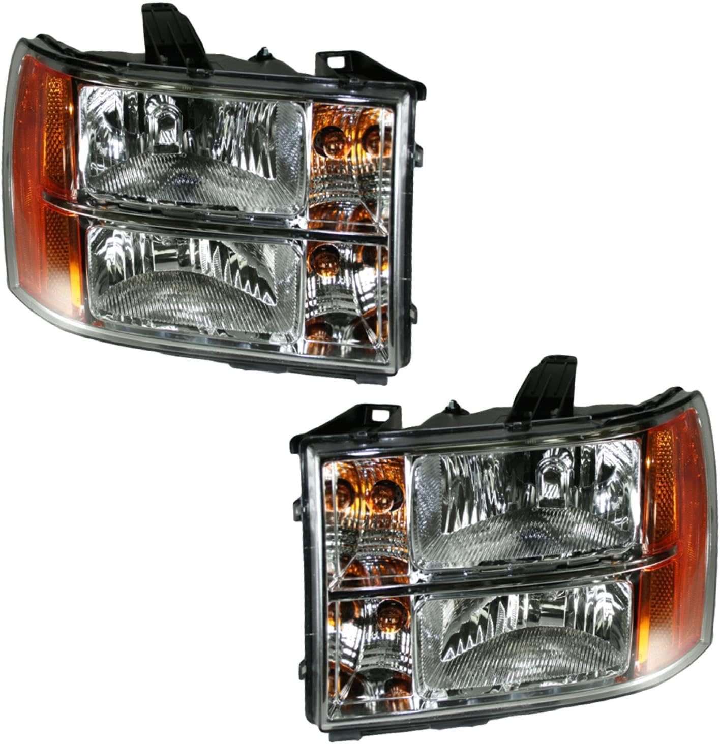 TRQ 2 Piece Headlight Assembly Set Chrome Bezel Driver & Passenger Side Compatible with GMC Sierra 1500 2007-2013 Sierra 2500 HD 2007-2014 Sierra 3500 HD 2007-2014 GM2502283 GM2503283