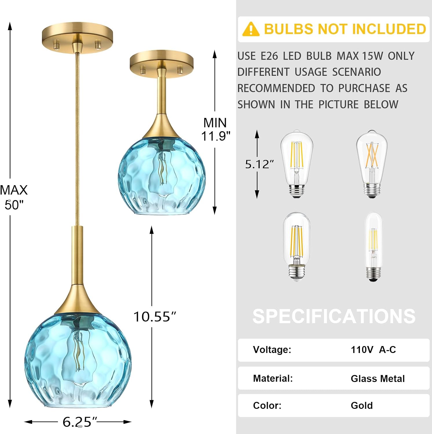 6.3' Blue Texture Glass Rod Pendant Light 3 Pack Pendant Ceiling Light Fixture Gold Finish Modern Farmhouse Dinning Over Sink Adjustable Height Cord