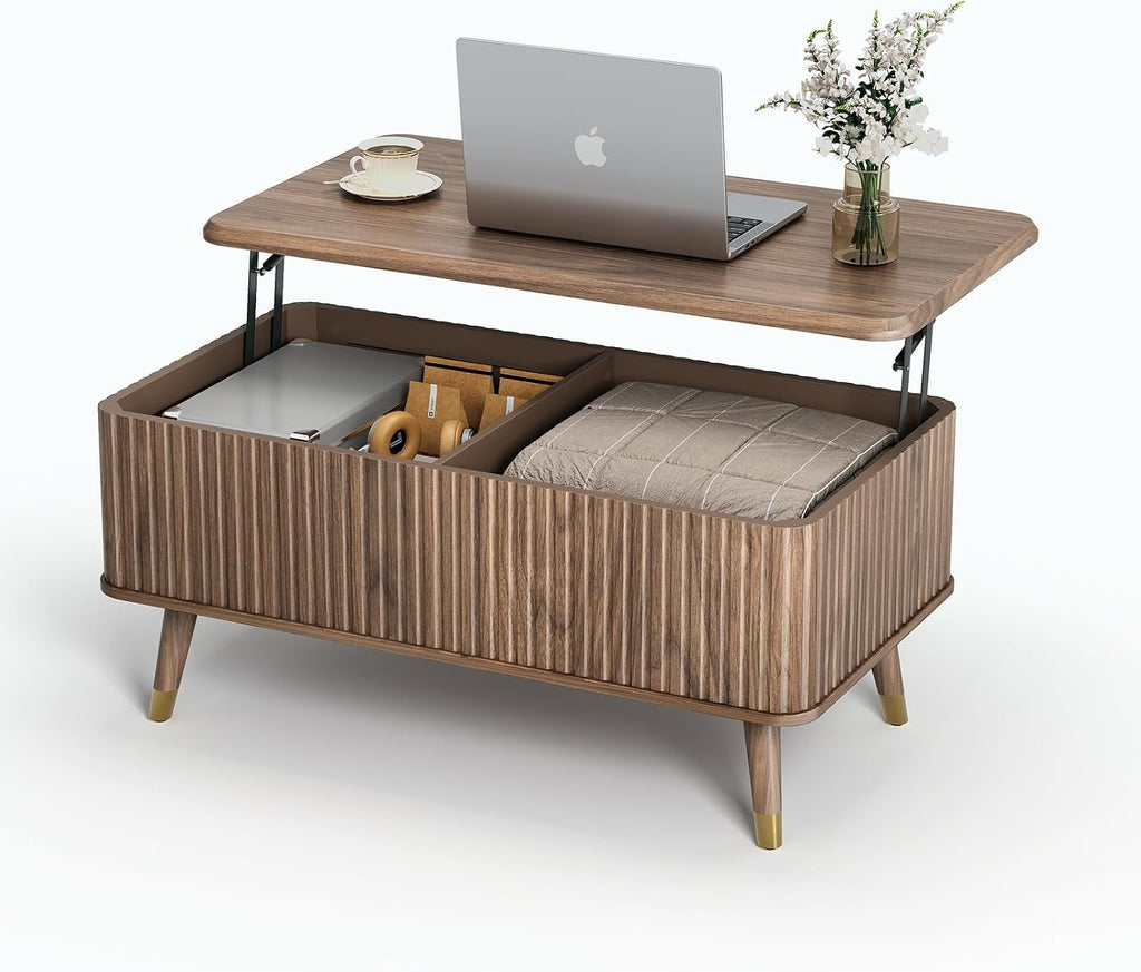 Lift Top Coffee Table with Storage, Mid Century Modern Coffee Table with Solid Wood Legs, 38' Minimalist Fluted Center Table for Living Room, Home Office, Walnut