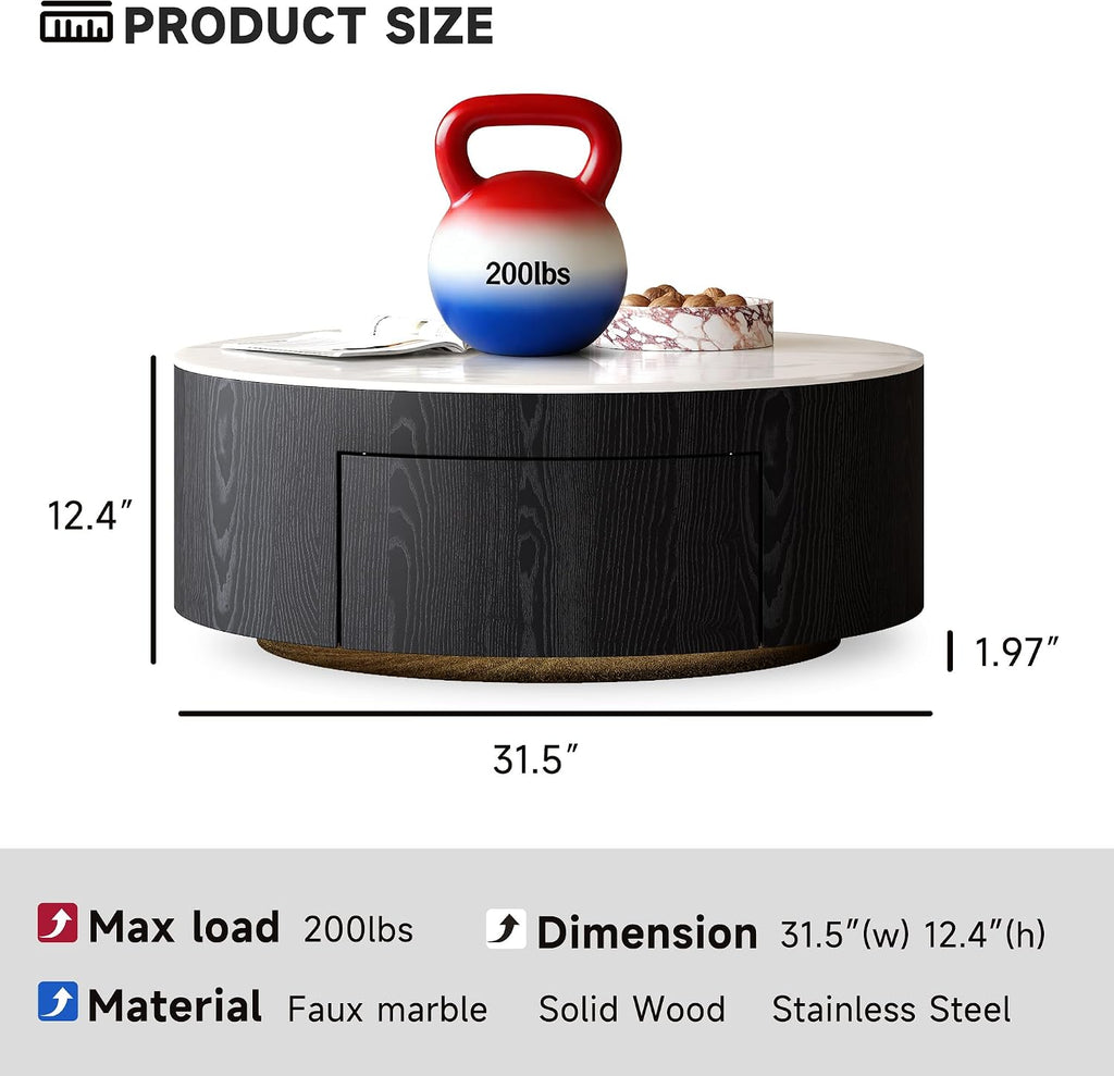 Round Coffee Table with Storage,Modern Sintered Stone & Solid Wood Center Table,Black and White Coffee Tables for Living Room,Apartment【Black,31.5'】