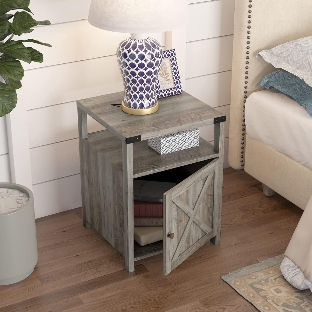 Farmhouse Nightstand Set of 2 with Charging Station, Rustic End Table Bedroom with Storage Living Room Side Table Dark Oak Night Stand Industrial Bedside Bed Table with USB Ports and Outlets