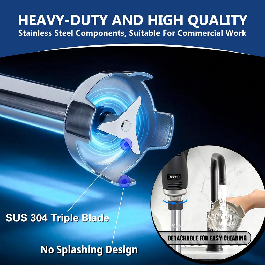 VONCI 750W Commercial Immersion Blender, Electric Hand Blender with 12' Detachable Shaft, Variable Speed 8000-19000RPM,Industrial Immersion Blender for Restaurant Kitchen.Extra Heavy Duty Hand Mixer.