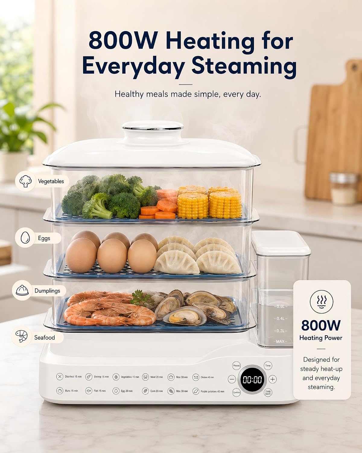24L Electric Vegetable Steamer, 3-Tier Digital cooking steamer with 24-Hour Delay Start, Keep Warm, Removable Water Tank and Stainless Steel Trays for Dumplings, Seafood, Eggs and Rice