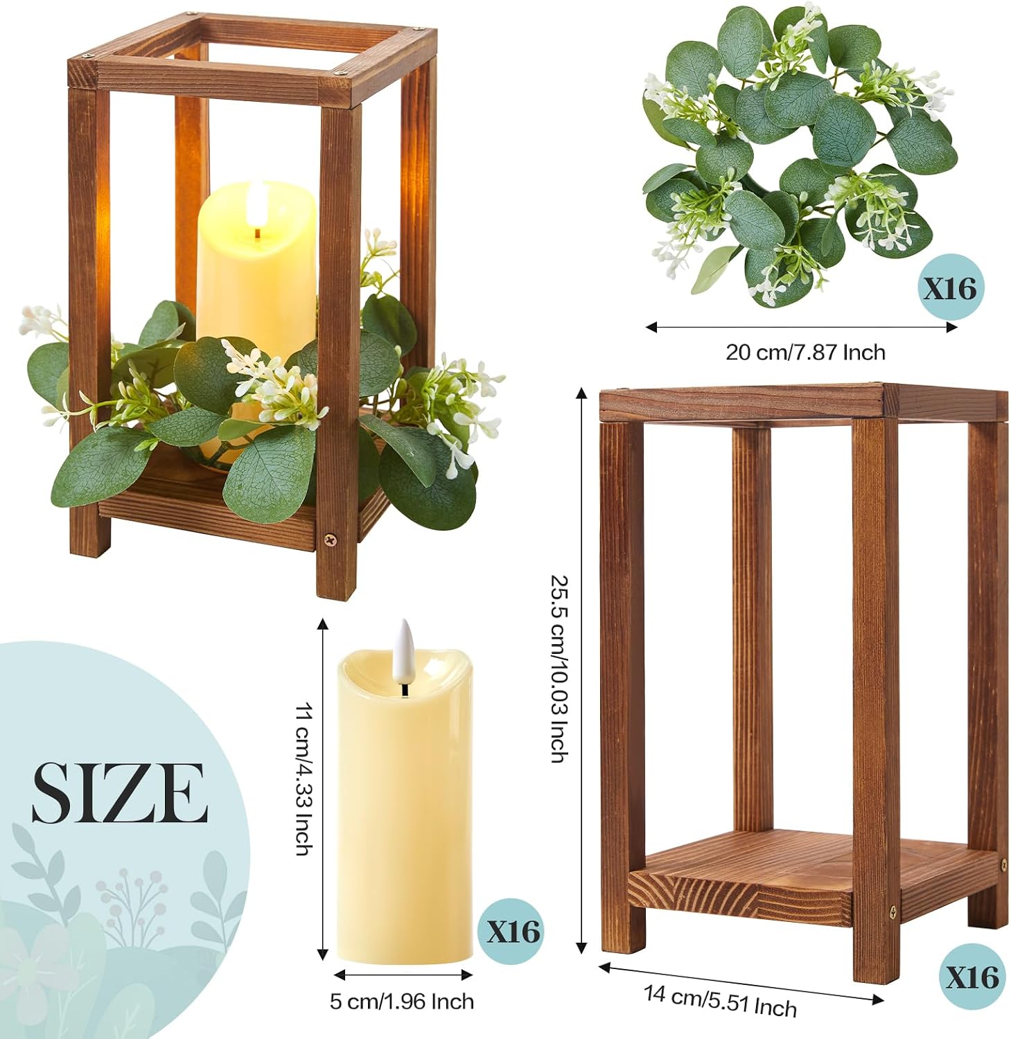48 Pcs/16 Set Wooden Wedding Lantern Centerpiece,Wooden Centerpieces for Tables-with 16 Holders 16 Candles 16 Wreaths for Rustic Table Decoration Country Barn Wedding Party (Brown)