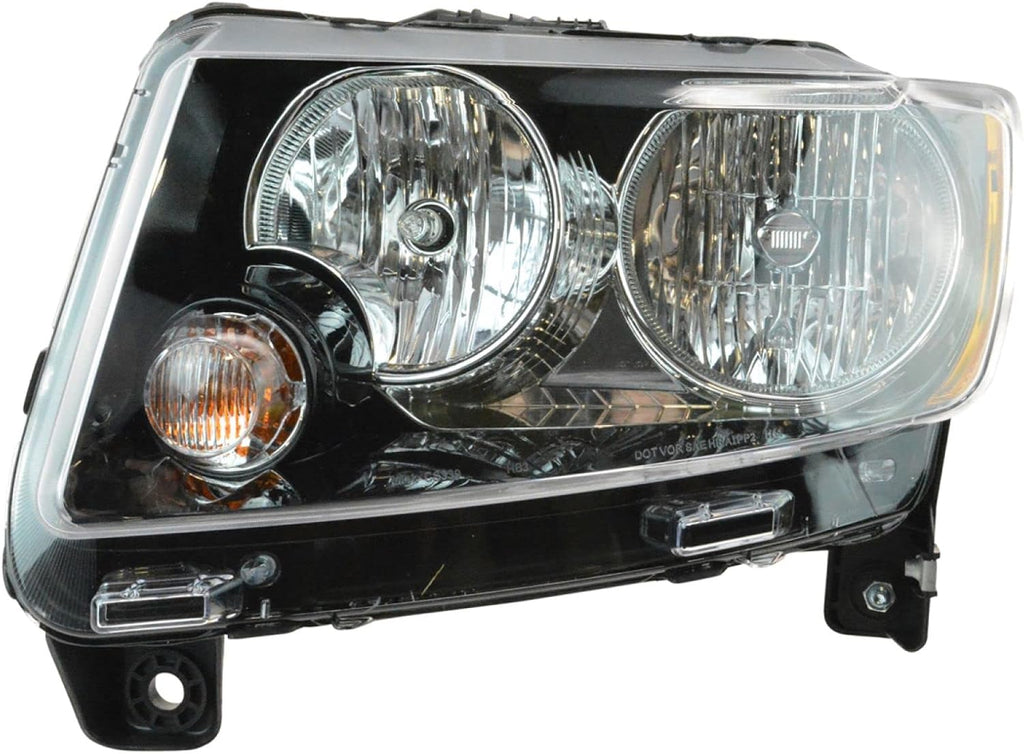 TRQ Driver and Passenger Side Headlight Assembly Set Black Bezel without Projector Headlights Compatible with 13-17 Jeep Compass