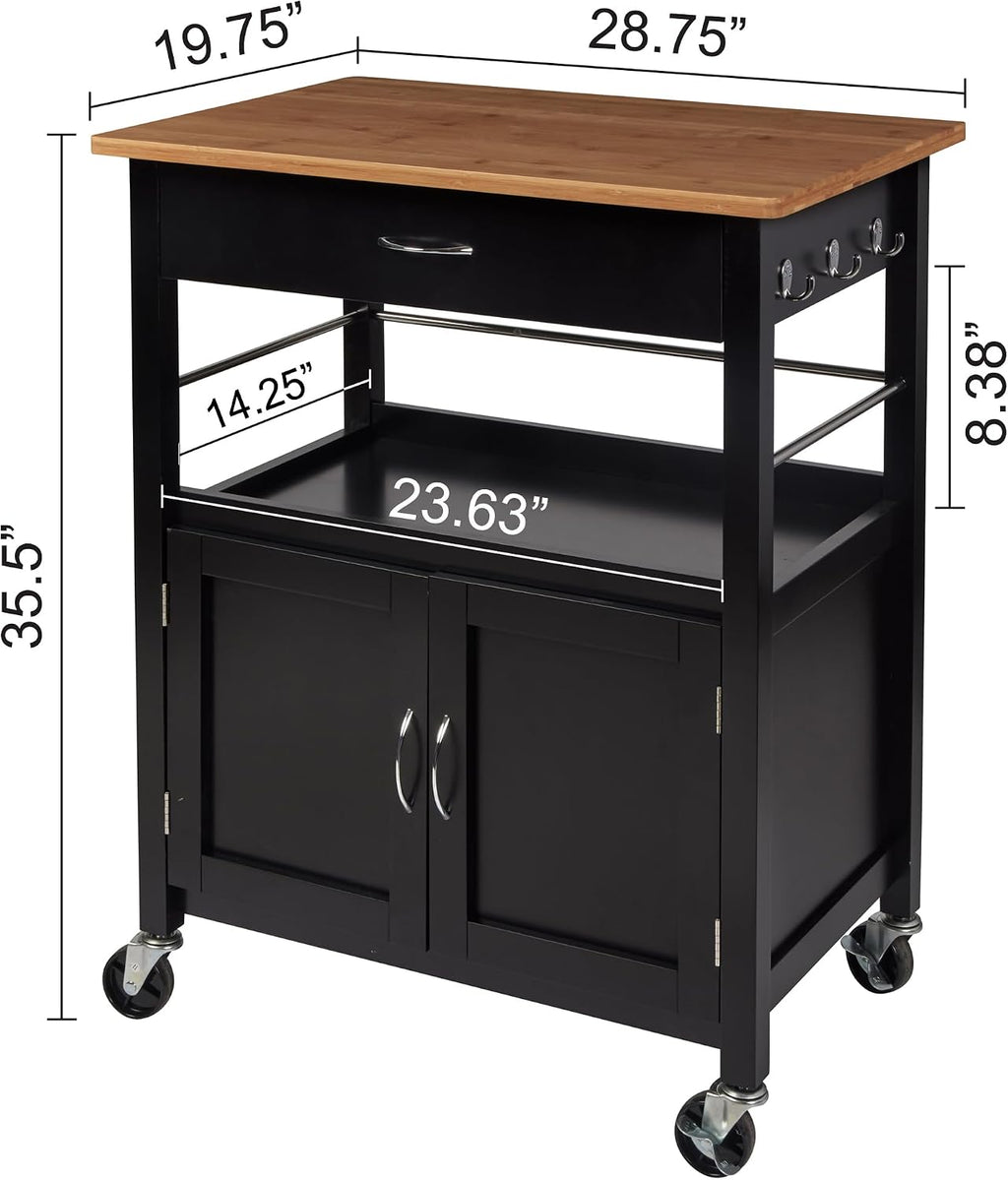eHemco Kitchen Island Cart on Wheels, Black Base, Natural Bamboo Top | Drawer, Storage Cabinet, Shelf, Butcher Block