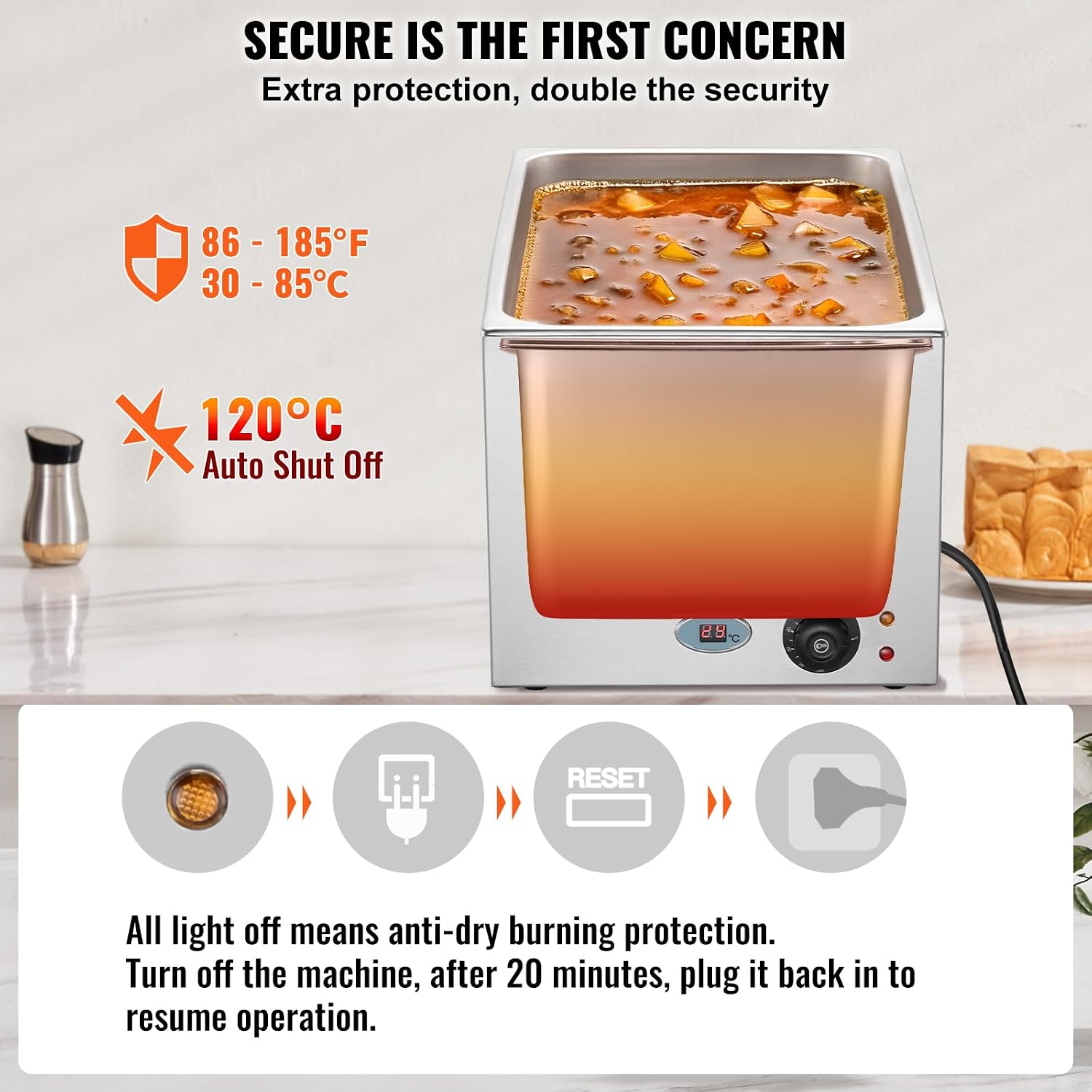 VEVOR Commercial Food Warmer 24QT Bain Marie 1200W Electric Buffet Steam Table - Countertop Stainless Steel for Wet or Dry Use - Parties, Catering and Restaurant