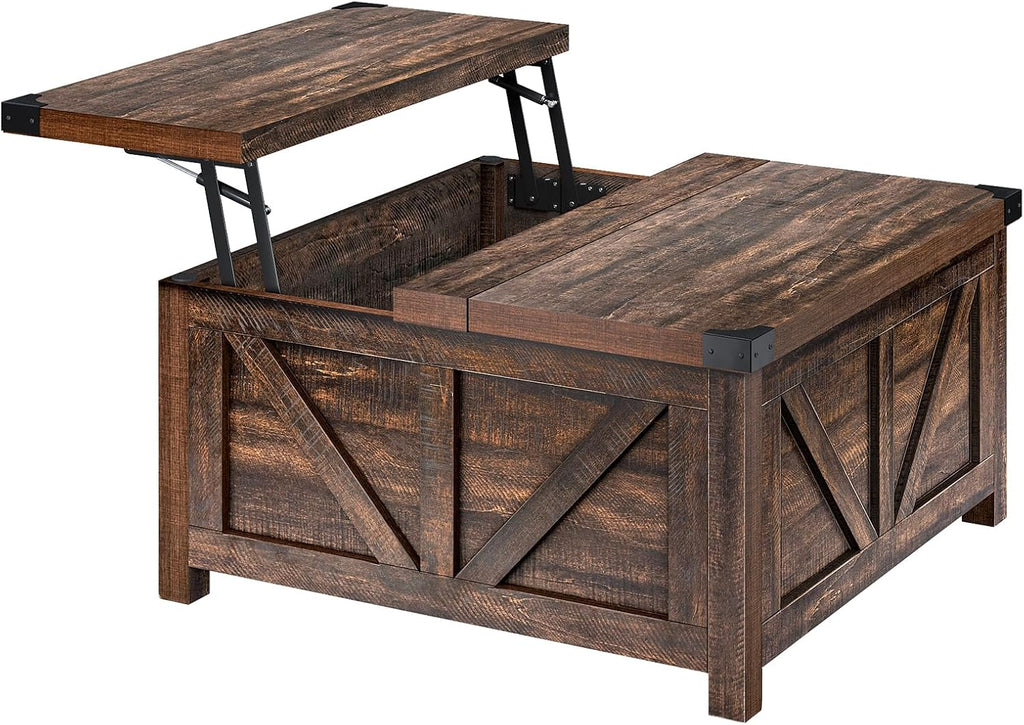 jimeimen Farmhouse Lift Top Coffee Table with Storage, Wood Square Center Table with Charging Station&USB Port, Living Room Table w/Large Hidden Space, for Living Room, Bedroom, Home Office, Brown
