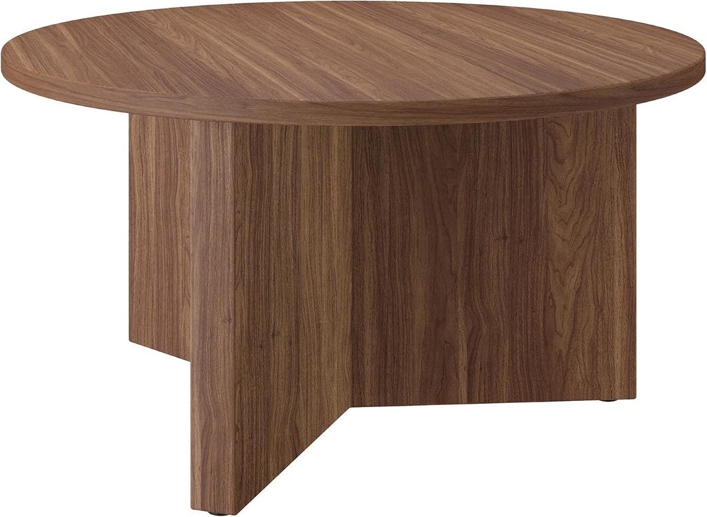 Henn&Hart 32' Round Wood Pedestal Coffee Table for Living Room, Family Room, Office, or Apartment, Medium Walnut