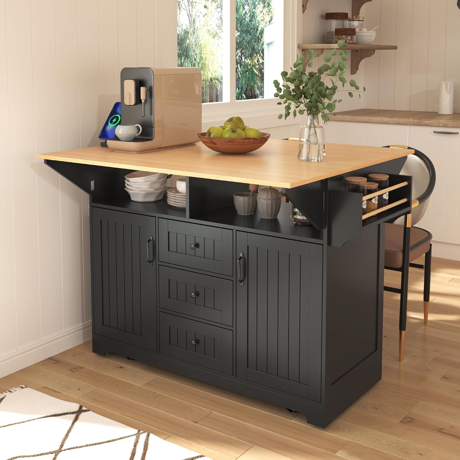 Merax 55.7' Upgraded Large Kitchen Cart Island on Wheels with 2 Drop Leaf,Power Outlet,3 Drawers,Wood Frame Storage Cabinet