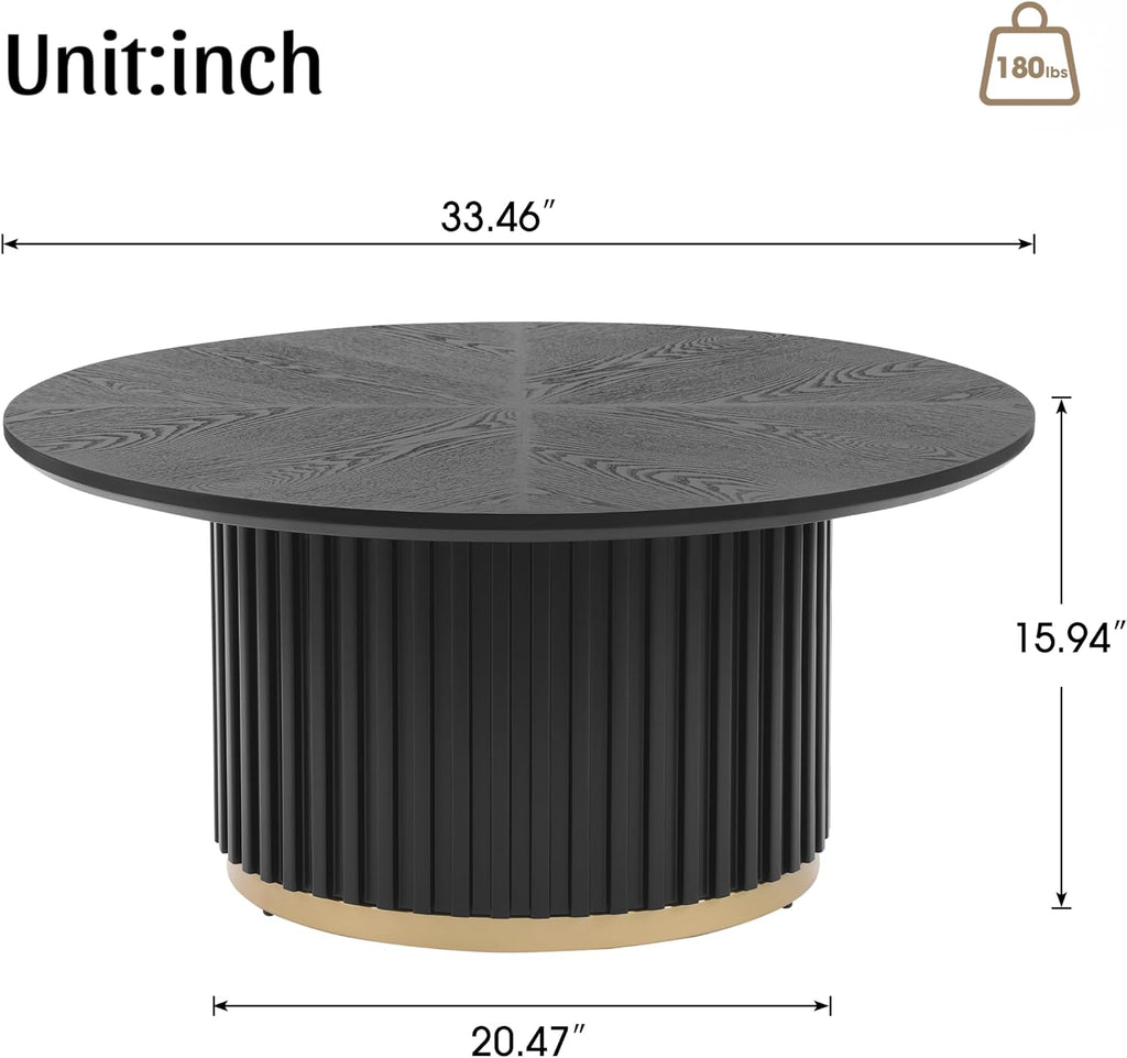 Modern Round Coffee Table with Fluted Pedestal Circle Coffee Table with Faux Marble Tabletop for Bedroom,Apartment,Living Room Black