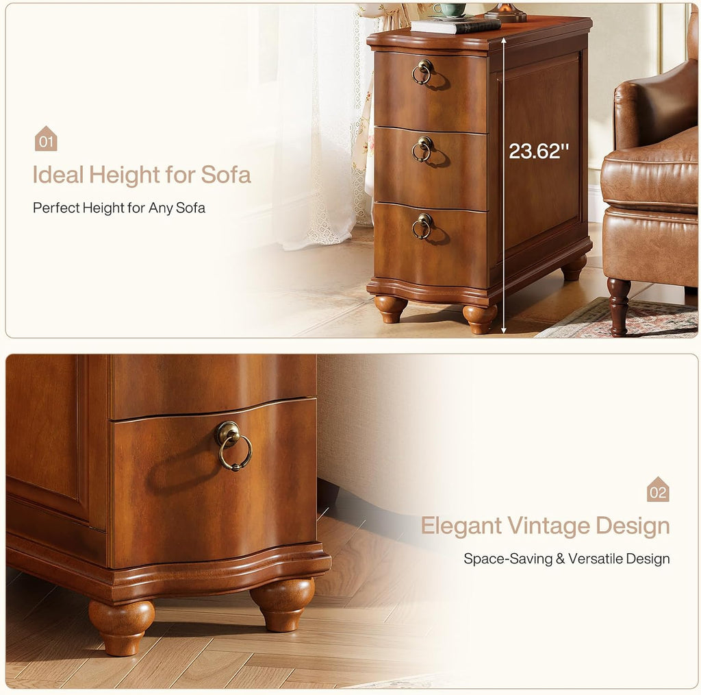 Tribesigns Wood Fully Assembled End Table, 3-Drawers Narrow Slim Side Table, No Assembly Required, Nightstand for Bedside, Small Spaces, Living Room, Bedroom, Walnut Brown