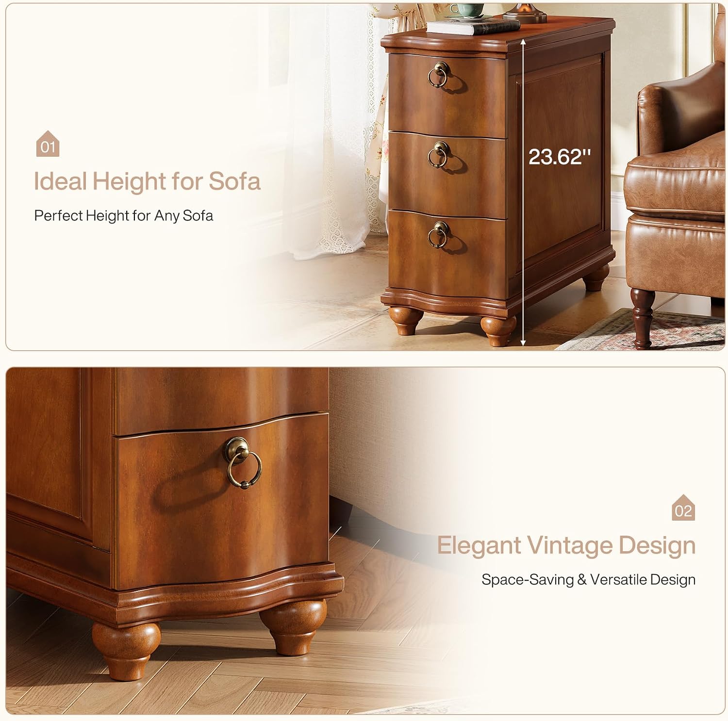 Tribesigns Wood Fully Assembled End Table, 3-Drawers Narrow Slim Side Table, No Assembly Required, Nightstand for Bedside, Small Spaces, Living Room, Bedroom, Walnut Brown