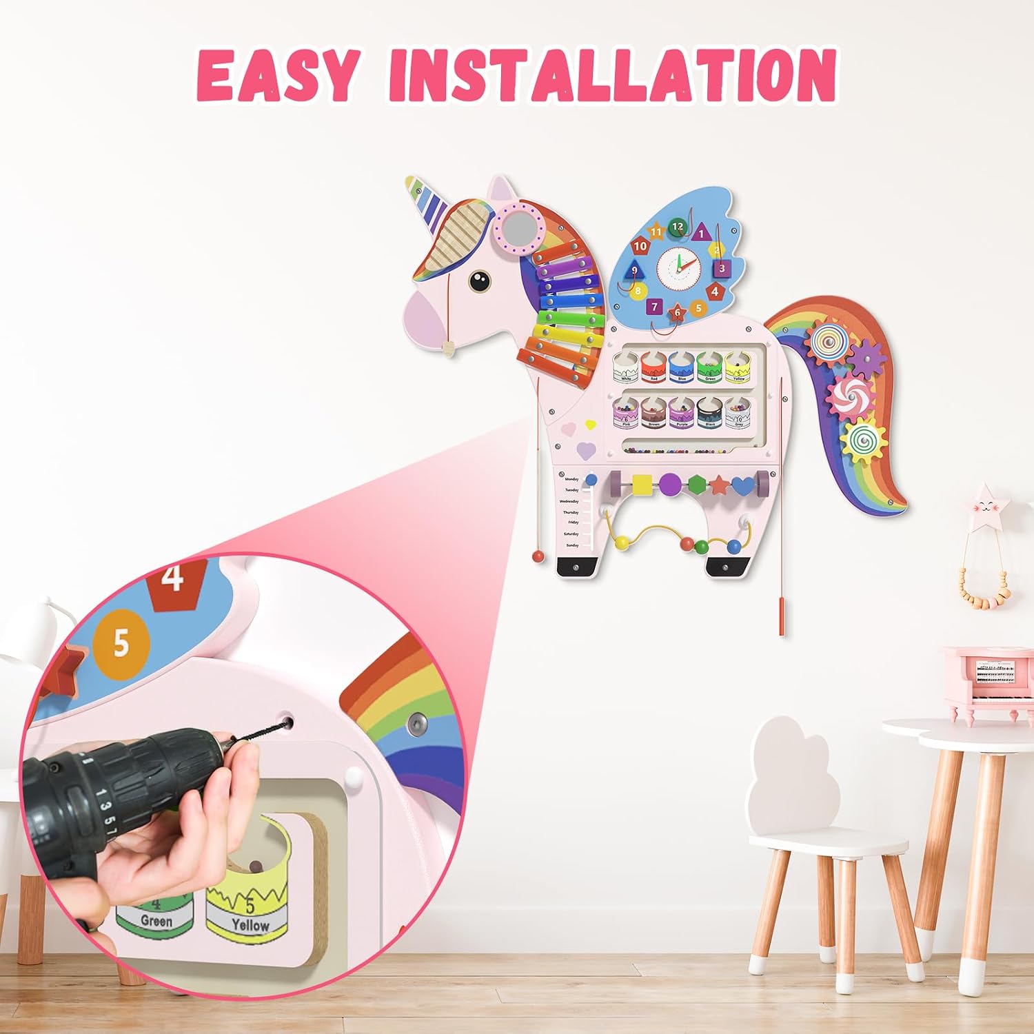 Spacocld Activity Wall Busy Board Panels - Sensory Wall Panel for Kids (5 Pieces Colorful Unicorn)