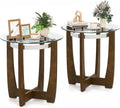 Giantex Round Glass End Table Set of 2, 24'' Side Table with Tempered Glass Top, Nightstands with Cross & Solid Rubber Wood Base, Compact Bedside Night Stand for Bedroom Office Living Room (2, Walnut)