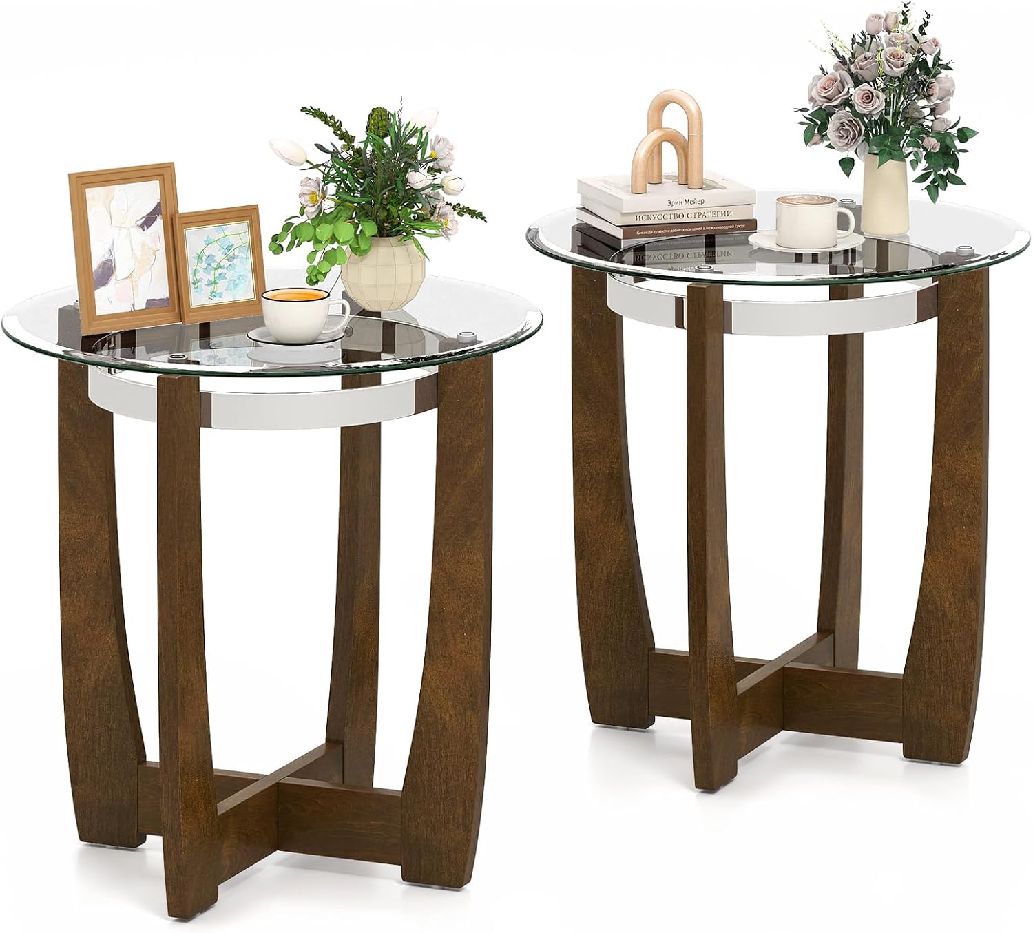 Giantex Round Glass End Table Set of 2, 24'' Side Table with Tempered Glass Top, Nightstands with Cross & Solid Rubber Wood Base, Compact Bedside Night Stand for Bedroom Office Living Room (2, Walnut)