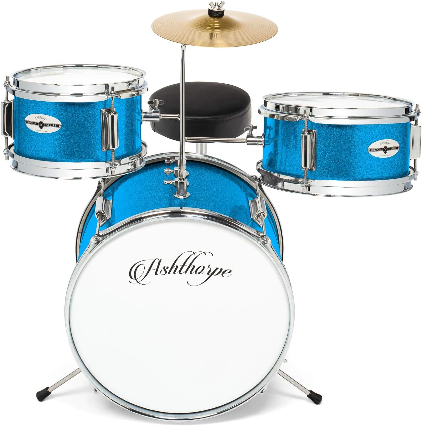 Ashthorpe 3-Piece Complete Kids Drum Set - Beginner Kit with 14' Bass, Adjustable Throne, Cymbal, Pedal & Drumsticks - Blue