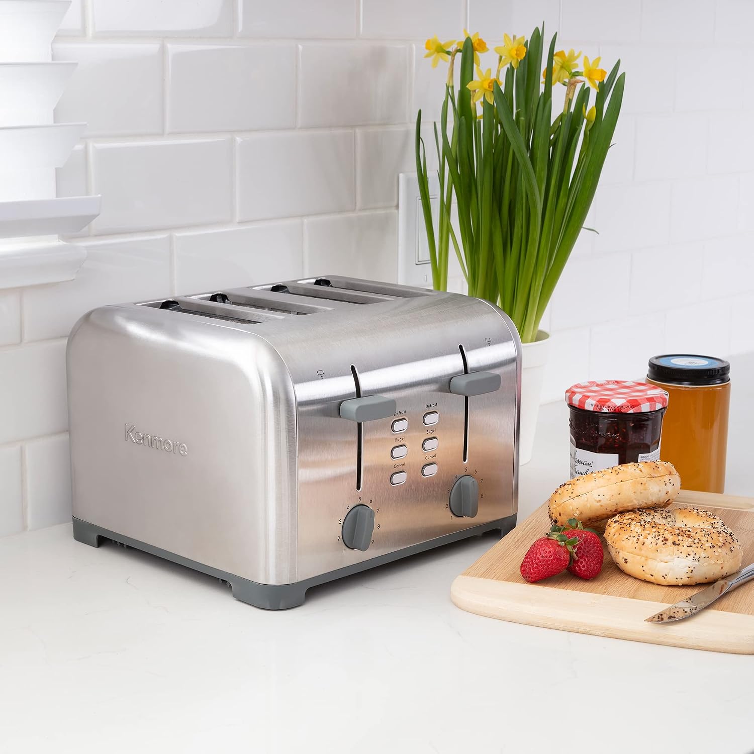 Kenmore Toaster 4 Slice - Extra Wide Slot Countertop Kitchen Appliance, Defrost Function, Grille-Pain, 9 Shade Settings, Compact Design, Easy Clean Crumb Tray, Bread Bagel, Stainless Steel
