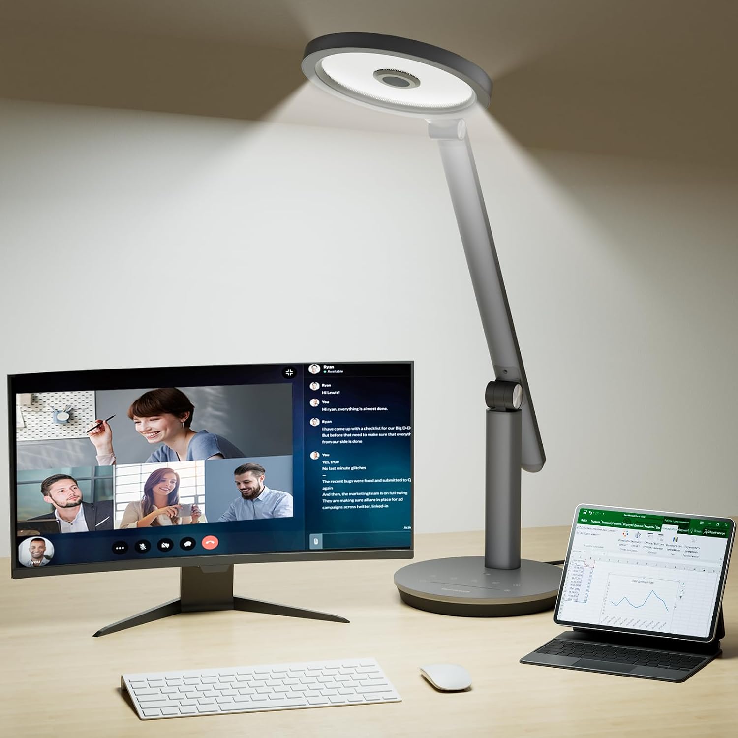 Honeywell Desk Lamp for Home Office, H6 Sunturalux™ Eye-Caring Led Desk Light, 800LM Dimmable Desk Lamp with Timer, Touch Control Tall Desk Reading Light, Table Lamp for Circle Webcam, Study, Bedroom