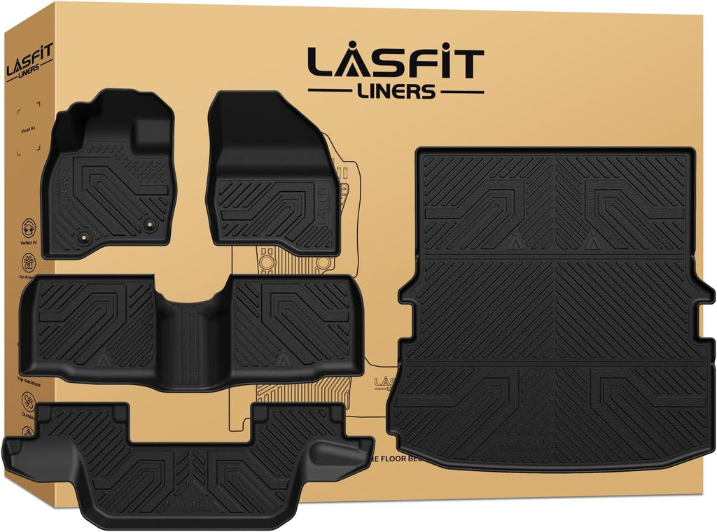 LASFIT Floor Mats & Cargo with Backrest Mat for Ford Explorer 2015-2019 7 Seats All Weather Protector TPE Easy Clean Car Floor Liner Custom Fit for 5-pc Full Set Black